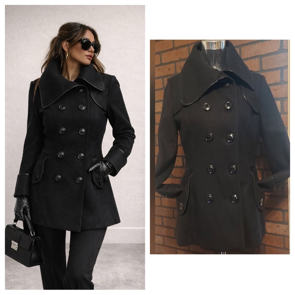 Black Wool Blend Peacoat Double Breasted Coat M Tailored Classic